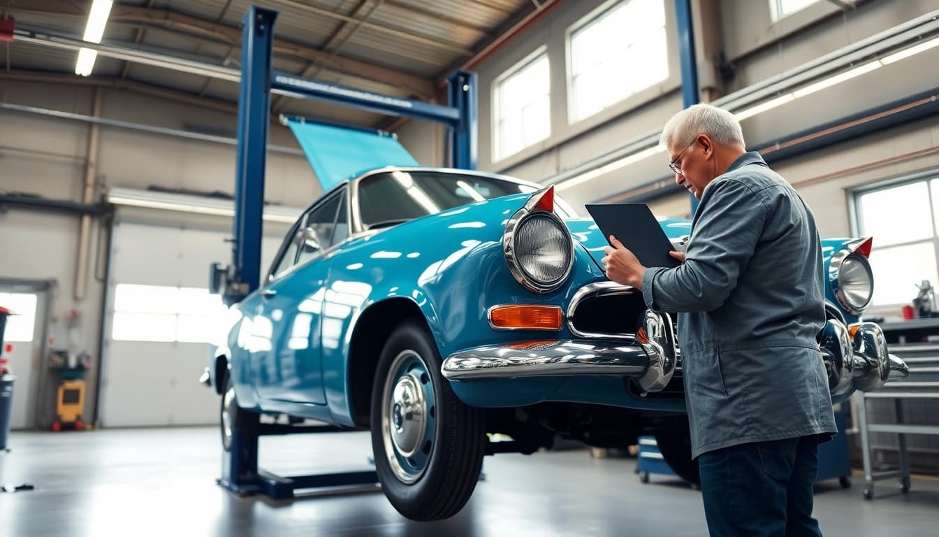 Oldtimer Wertgutachten analysiert in professioneller Werkstatt mit präzisem Expertenblick.