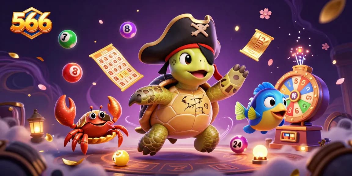 Engage in thrilling gambling at 566 as the pirate turtle discovers hidden treasures among lottery balls and prizes.