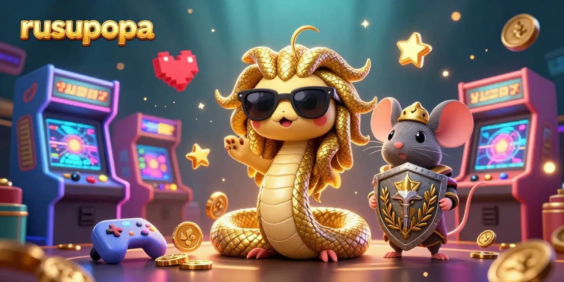 Join the fun at rusupopa with Medusa and a warrior mouse in this vibrant casino scene filled with arcade games.