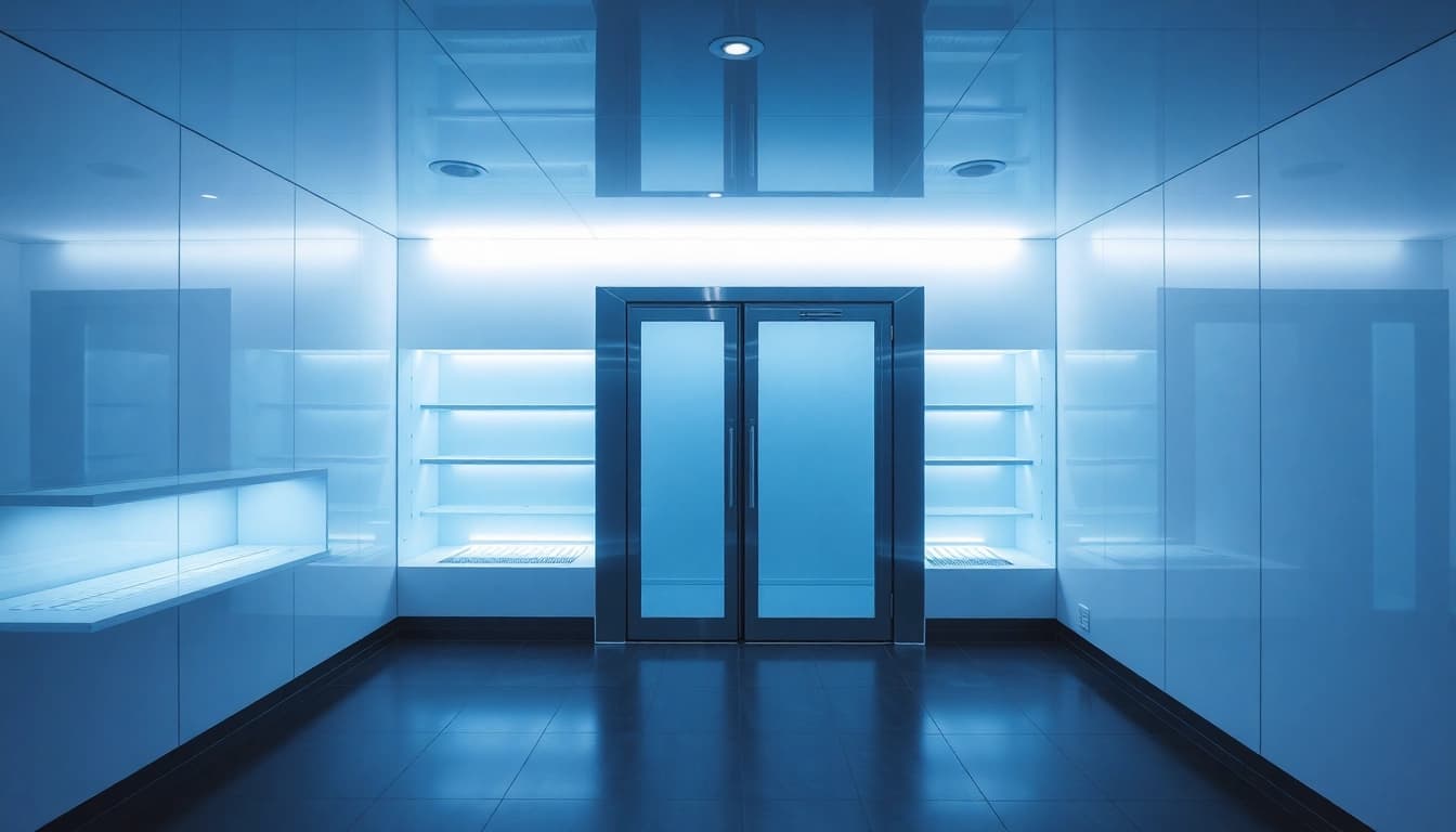 Kältekammer mit modernem Design und kühler Beleuchtung, die das Gefühl von Entspannung und Wellness vermittelt.