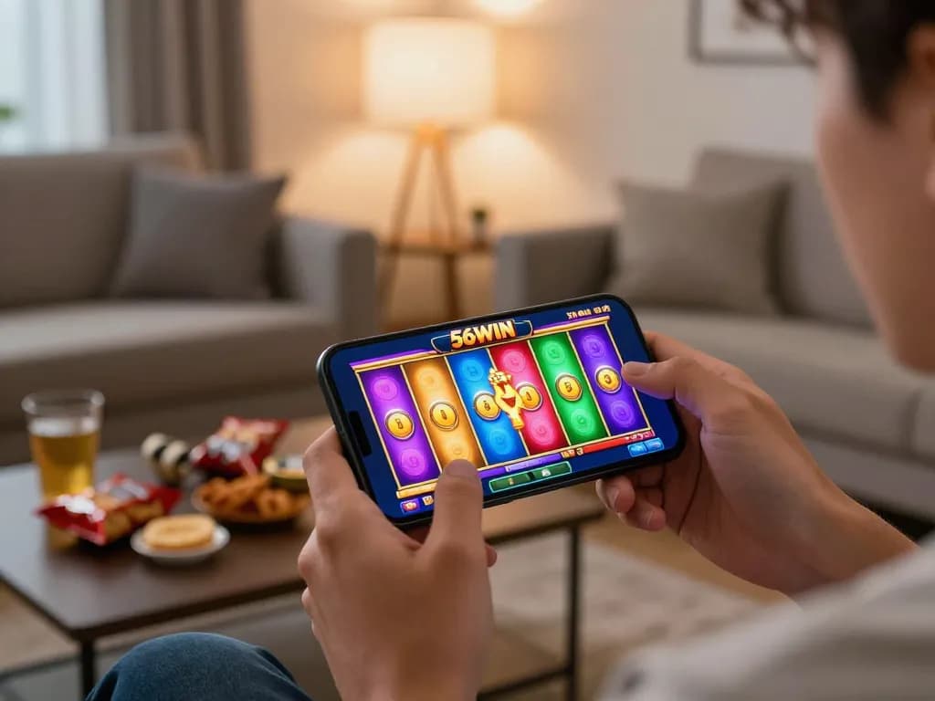 Experience the excitement of 56WIN's mobile casino app with vibrant slots gameplay on a smartphone.