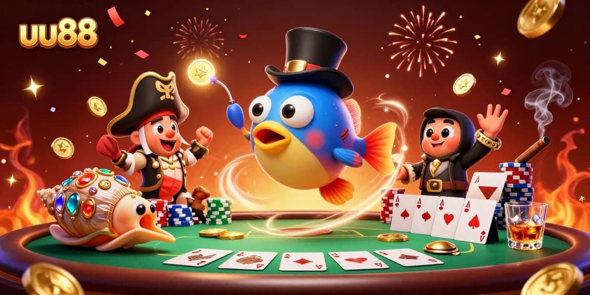uu88's exciting online casino features a vibrant scene with an anglerfish and pirate shrimp, showcasing poker elements.