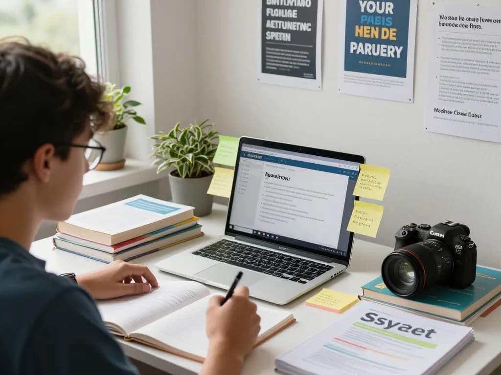 Student nutzt die Hausaufgaben Löser-App auf einem Laptop, umgeben von Lernmaterialien.