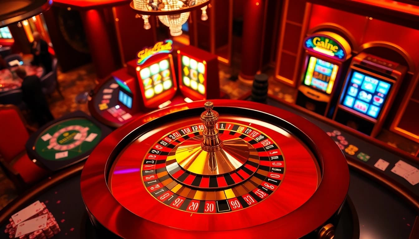 Experience the thrill of home eejl with a luxurious casino scene showcasing roulette wheels, poker chips, and vibrant gaming excitement.