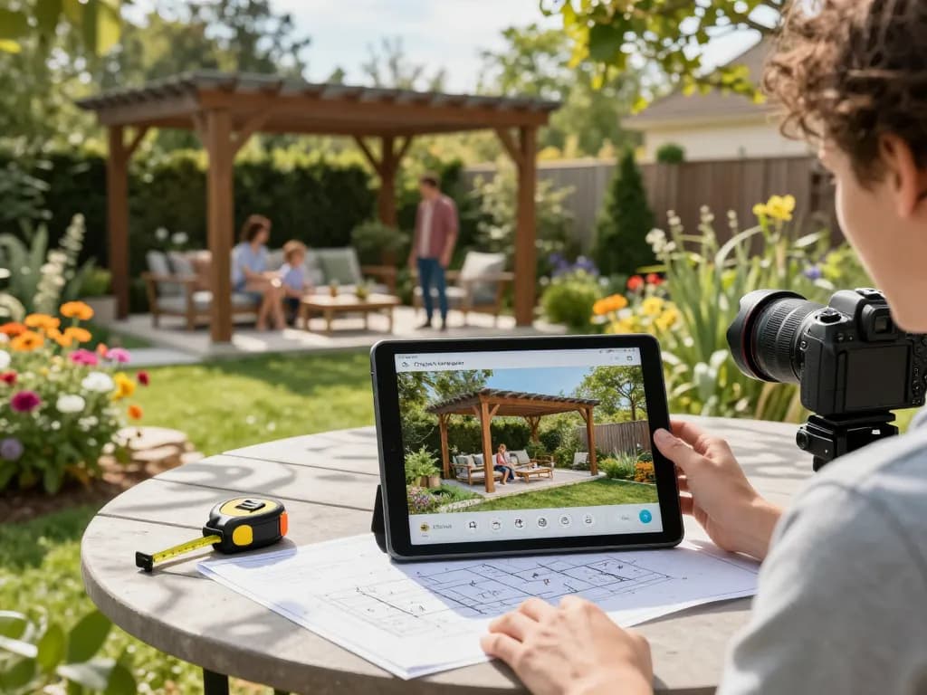 Visualisieren Sie das 3D-Design der Pergola im Freien mit dem Configurix-Konfigurator in einem lebhaften Garten.