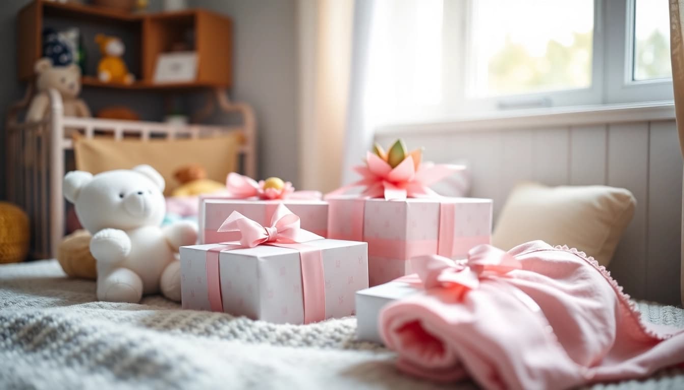 Inspirierende Geschenkideen zur Geburt in einem liebevoll dekorierten Babyzimmer präsentieren.