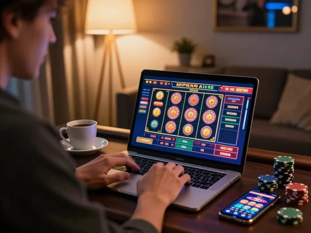 Player enjoying mk8 online casino gaming session with laptop, colorful game interface and cozy atmosphere.