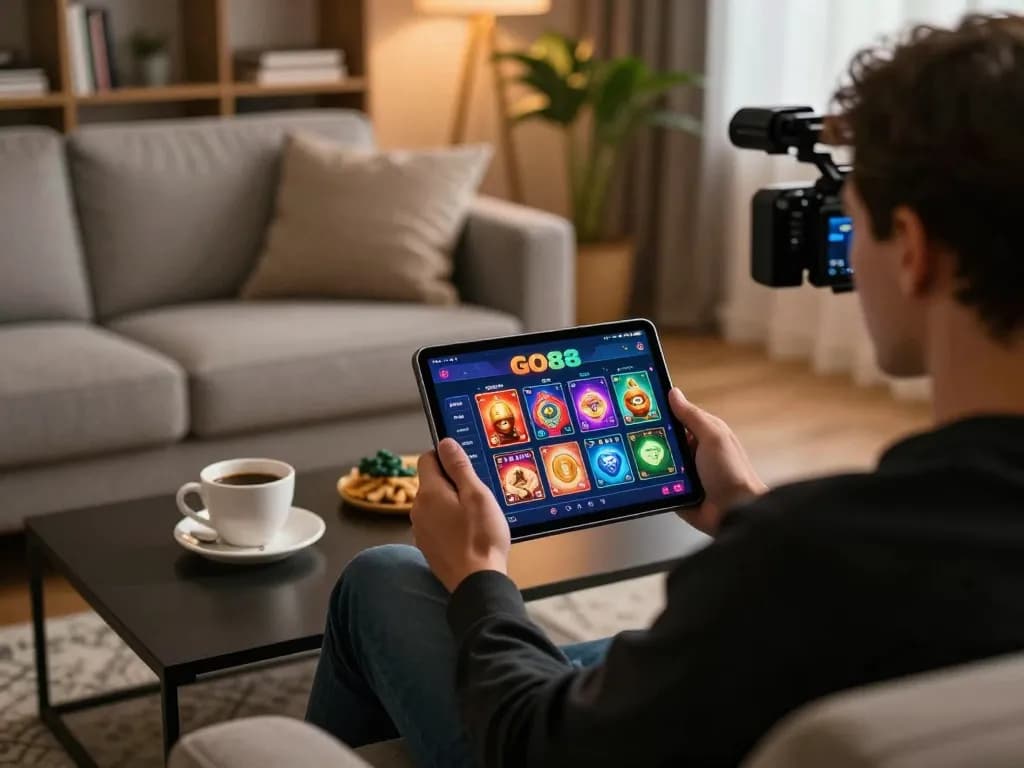Player engaging with GO88 app on mobile device at home, showcasing online gaming experience.