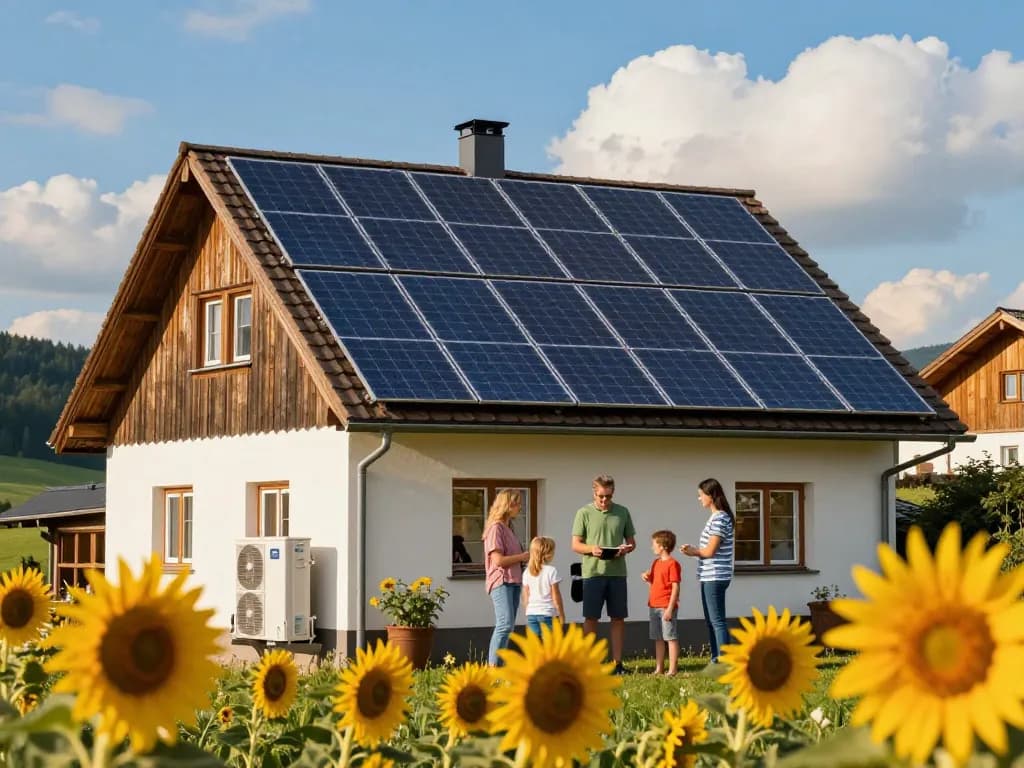 Photovoltaik Bayern Solarpanele erhellen ein bayerisches Zuhause mit Wärmepumpen und demonstrieren nachhaltige Energielösungen.