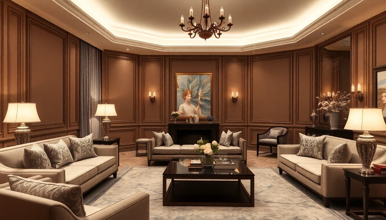 Luxury living room adorned with elegant furnishings and warm lighting creating a serene ambiance.