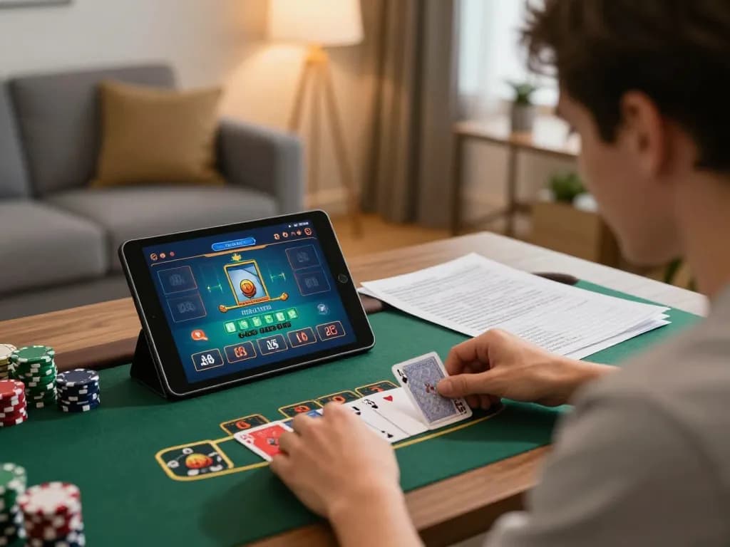 Player enjoying live dealer blackjack on tablet at home, showcasing Nhà cái QQ88 gaming experience.