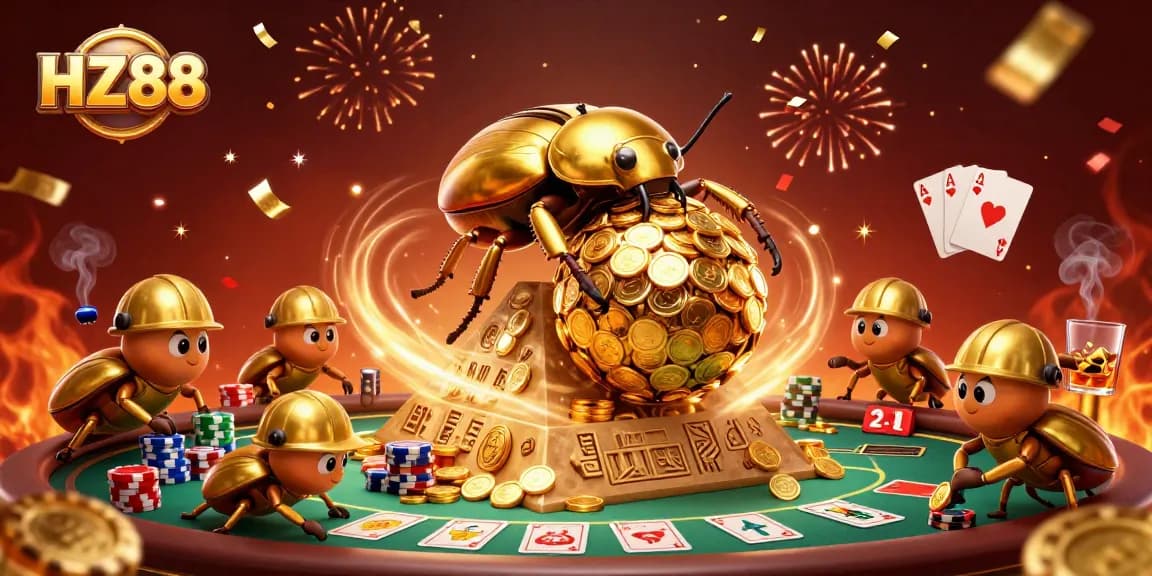 Experience HZ88's dynamic gaming scene featuring a gold beetle and poker elements.