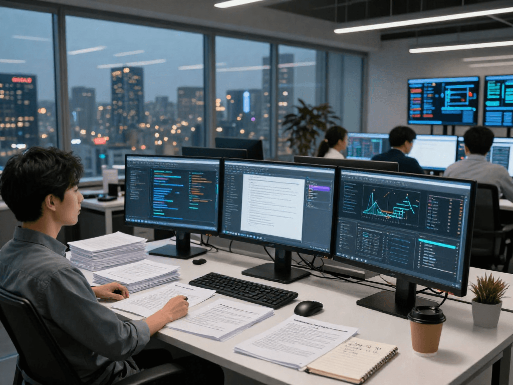 Document fraud detection analysis in a high-tech office with multiple monitors displaying AI algorithms.