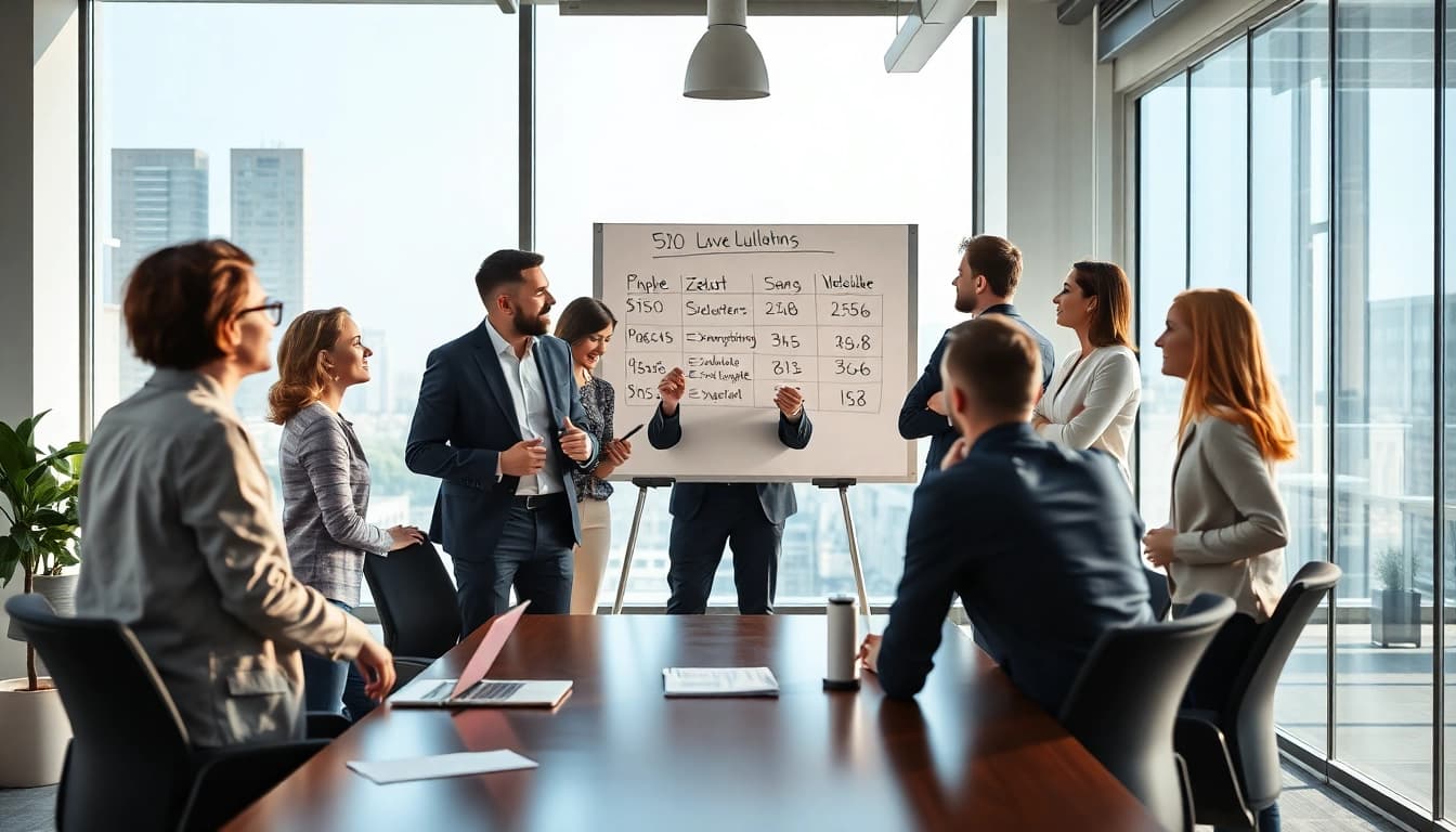 Aktives Vertriebsteam diskutiert Strategien mit einem Headhunter für Vertrieb im modernen Büro.