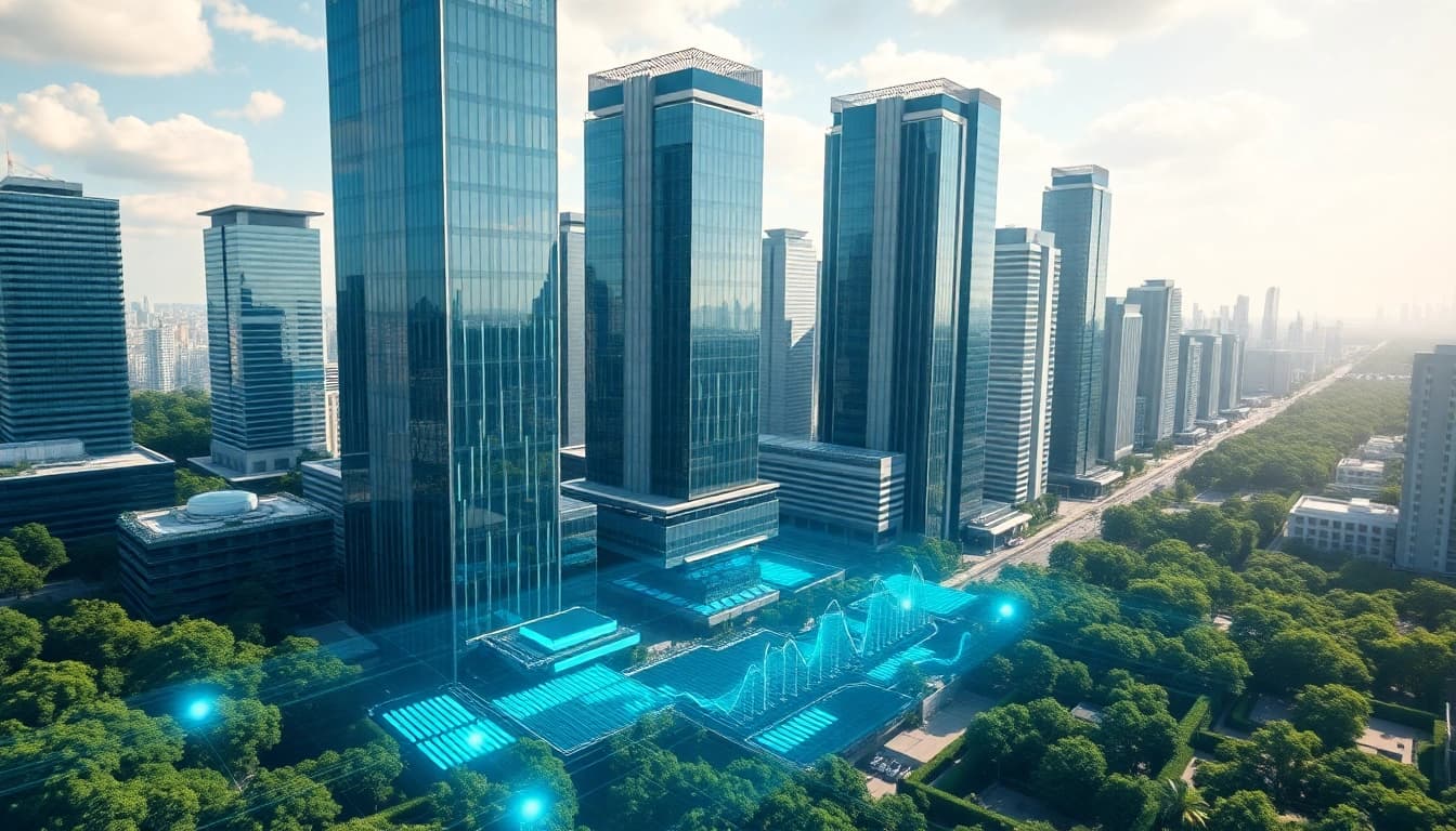 Technologie präsentiert in einer futuristischen Stadtlandschaft mit innovativen Elementen.