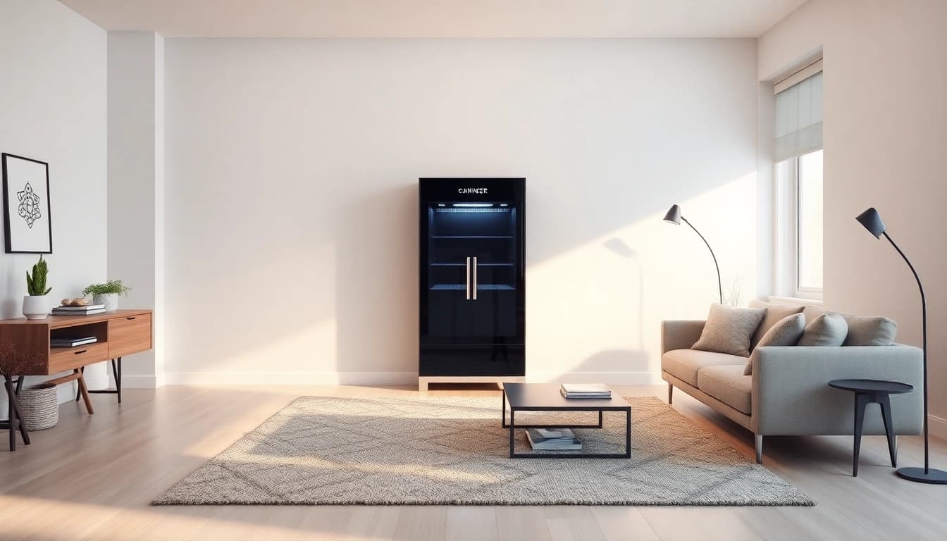 Staubsauger im modernen Wohnzimmer mit sanftem Licht und einladendem Ambiente
