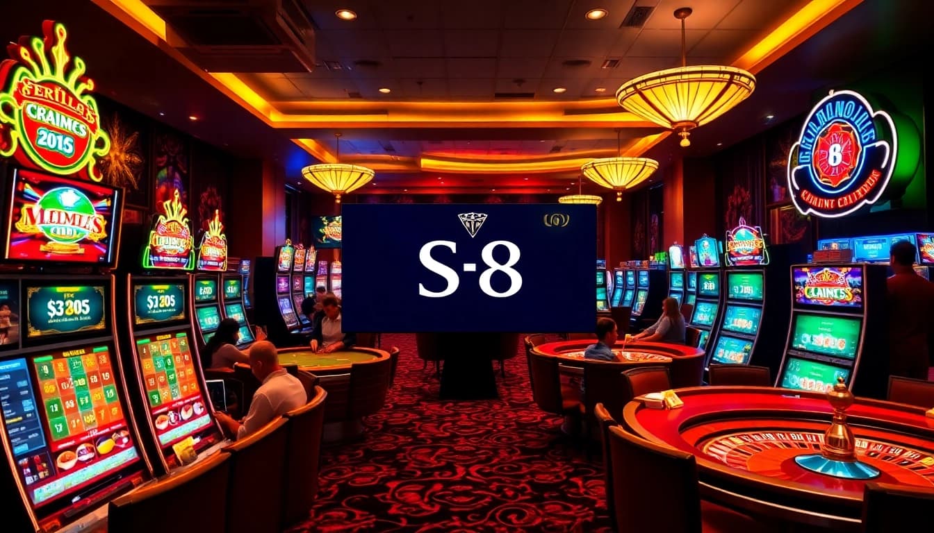 Action-packed gambling scene showcasing S8 gaming with vibrant slot machines and poker tables.