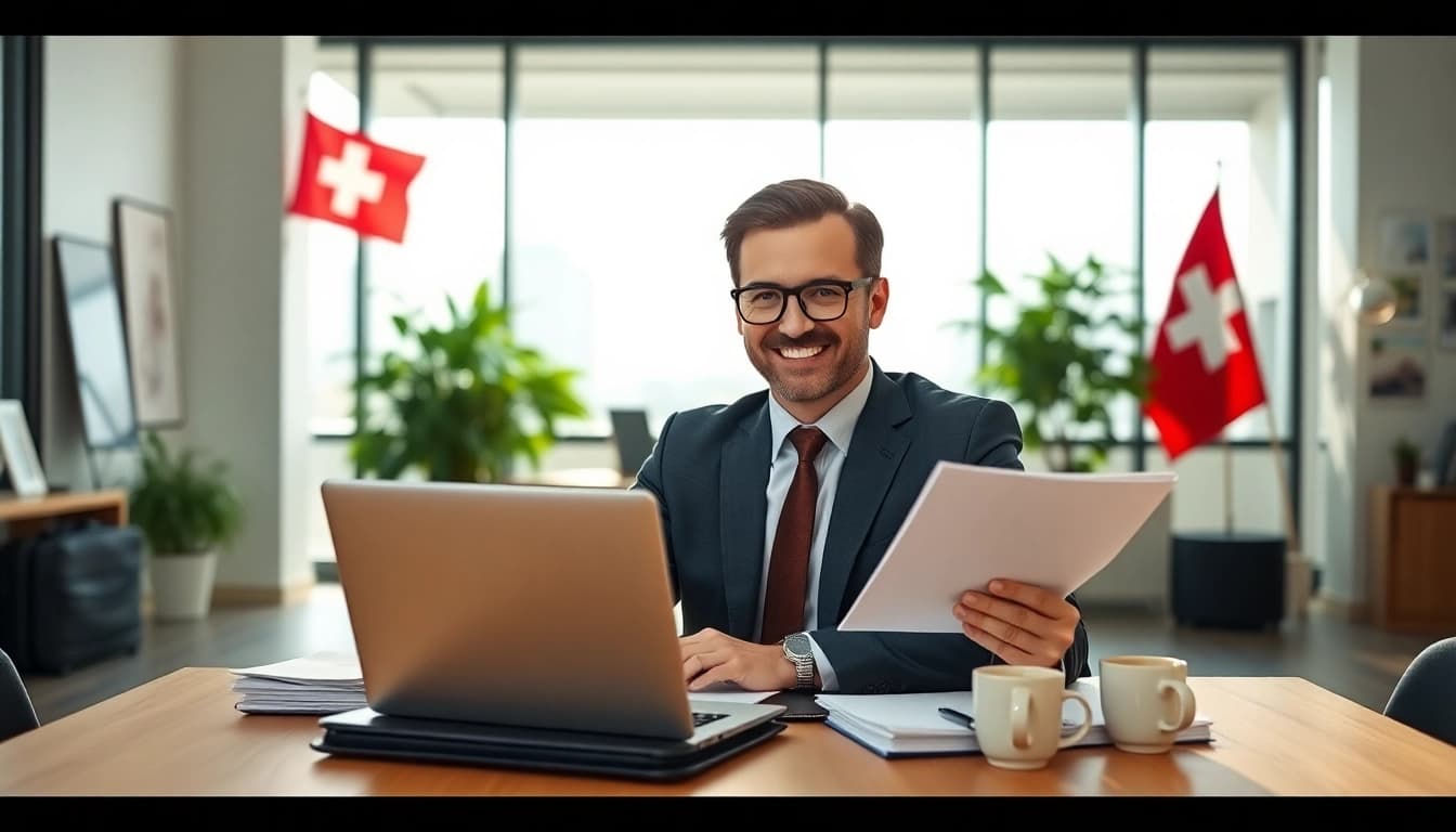 Headhunter Schweiz in einem modernen Büro mit Laptop und Dokumenten arbeiten.