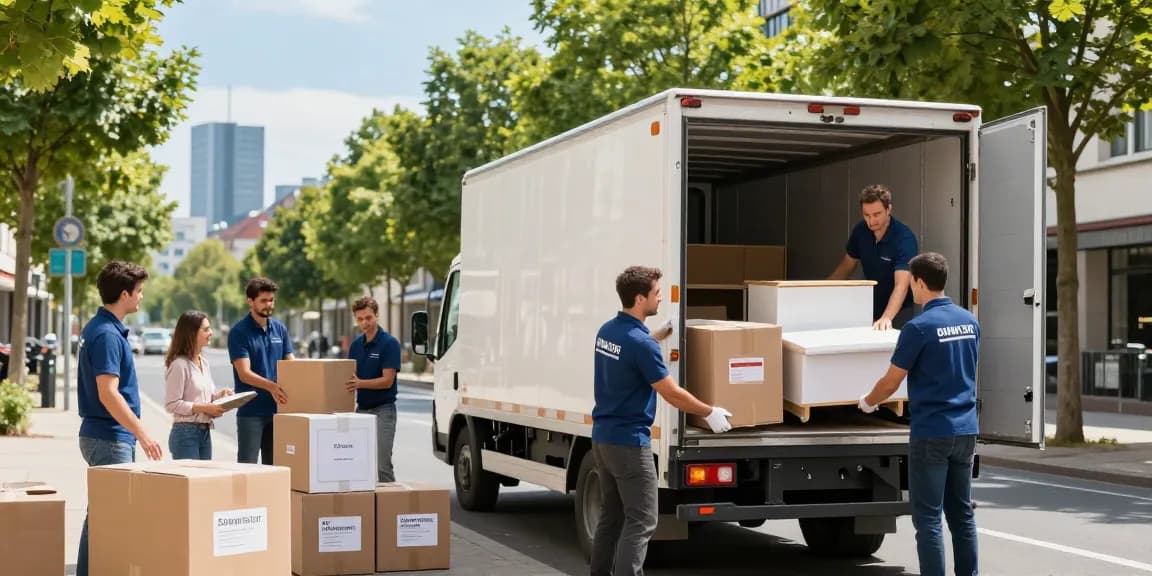 Umzugsunternehmen Darmstadt: professionelle Umzugshelfer packen Möbel sicher in einen Transporter.