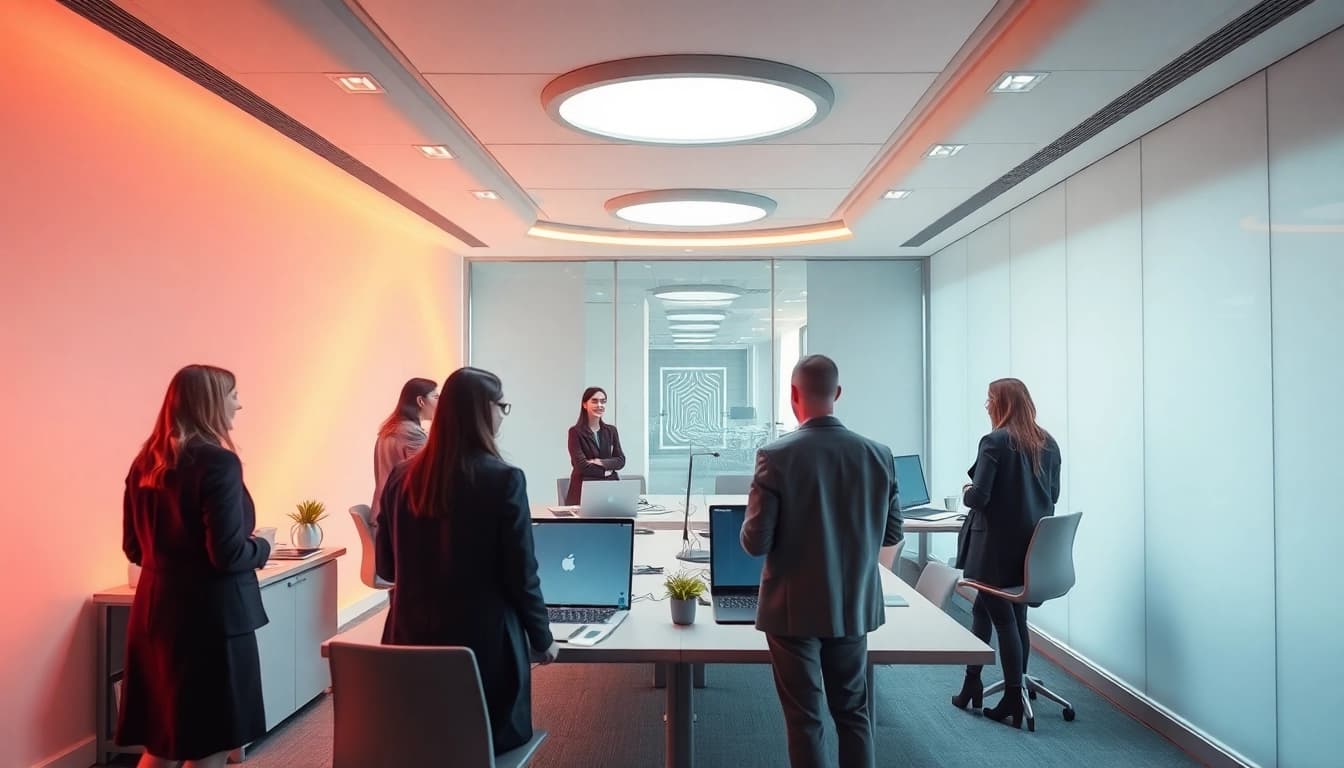 Beratungsunternehmen in modernen Büros, harmonische Teamarbeit visualisieren.