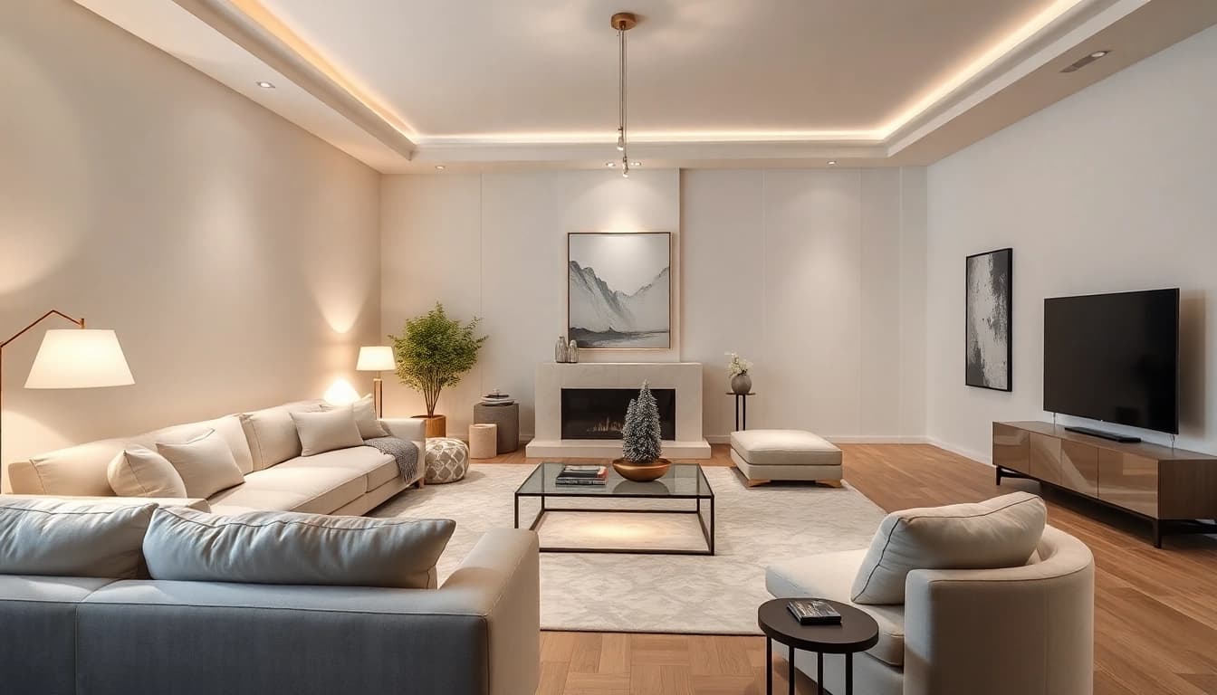 Experience luxury in a beautifully designed living room with elegant decor and soft lighting.