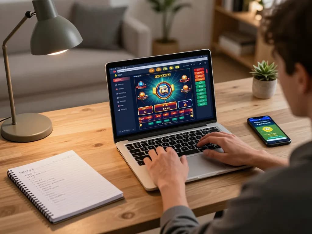 Engaged player using Bsport for online casino betting at a cozy home setup with strategic notes.