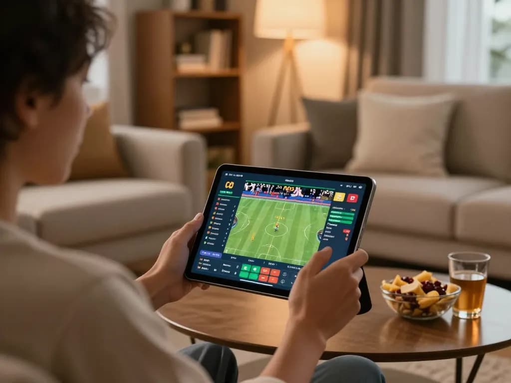 Engaging moment with a user utilizing kèo nhà cái for live sports betting on a tablet in a cozy home setting