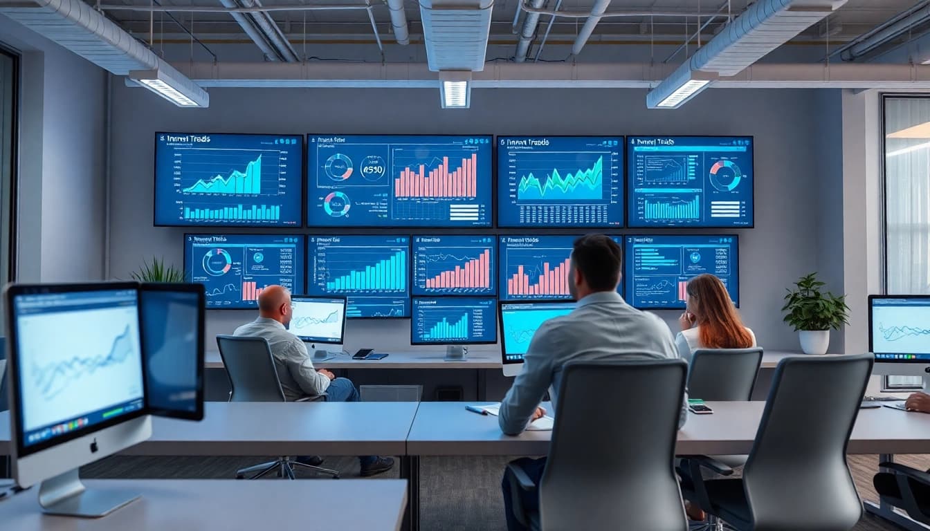 Internet Trends analysieren mit modernen Datenvisualisierungen und innovativer Technologie in einem modernen Büro.