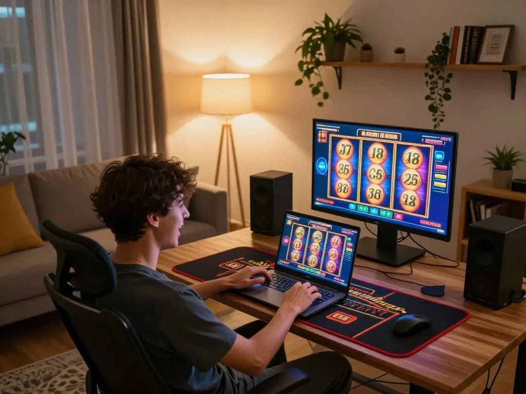 SC88 online gaming experience featuring a player using a laptop to play colorful slot machines in a cozy home setting