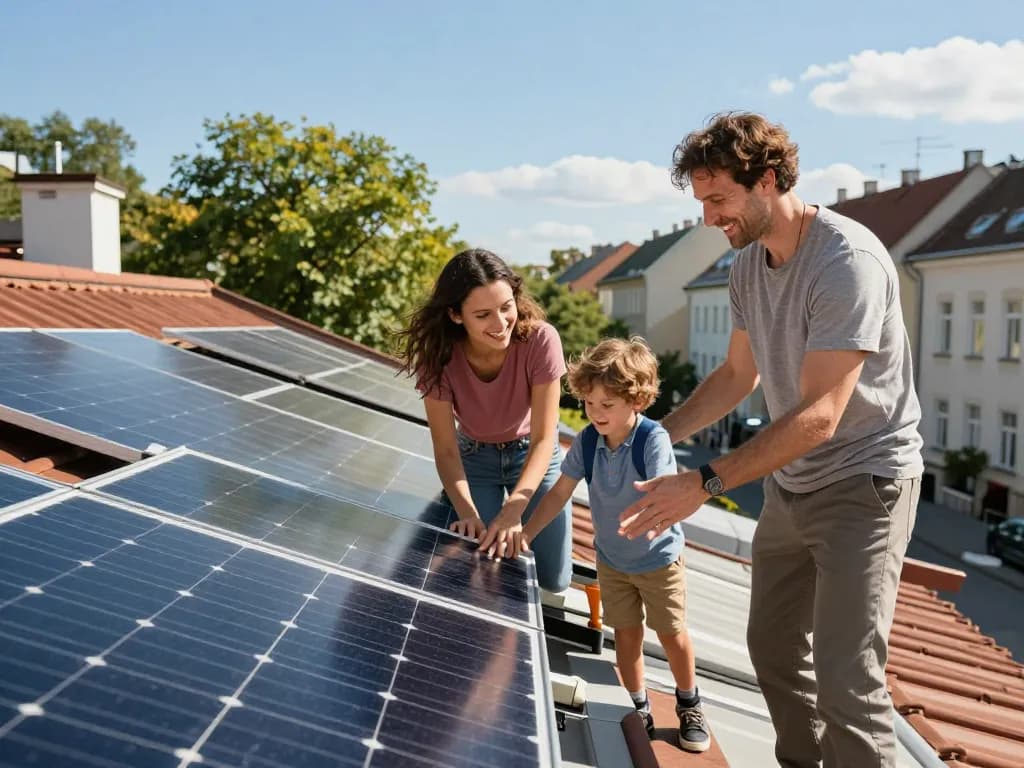 Eine lächelnde Familie diskutiert die Installation von Solarpanelen in Wien und hebt die Dienstleistungen von Solar Wien und nachhaltige Energielösungen hervor.