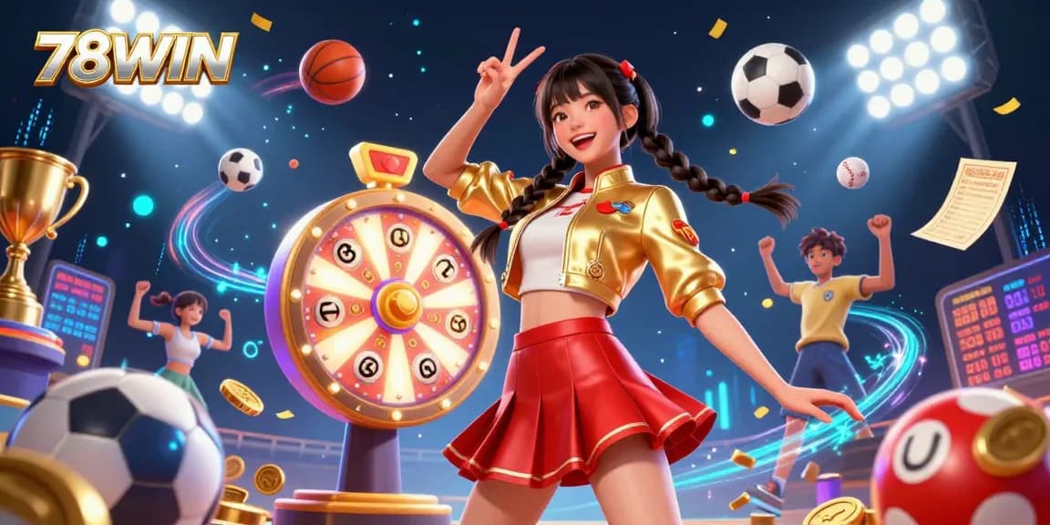 Experience the excitement of 78WIN with a vibrant scene of casino elements showcasing lottery balls and prizes.