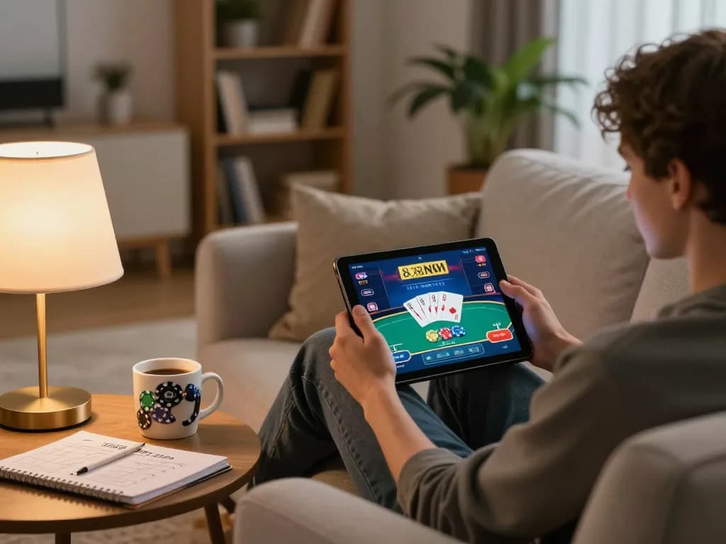 Engaging player exploring 888NEW casino app on tablet with poker game displayed
