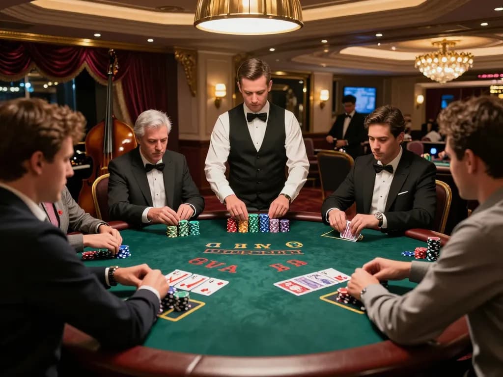Go8 blackjack players strategizing at a high-stakes table in an upscale casino