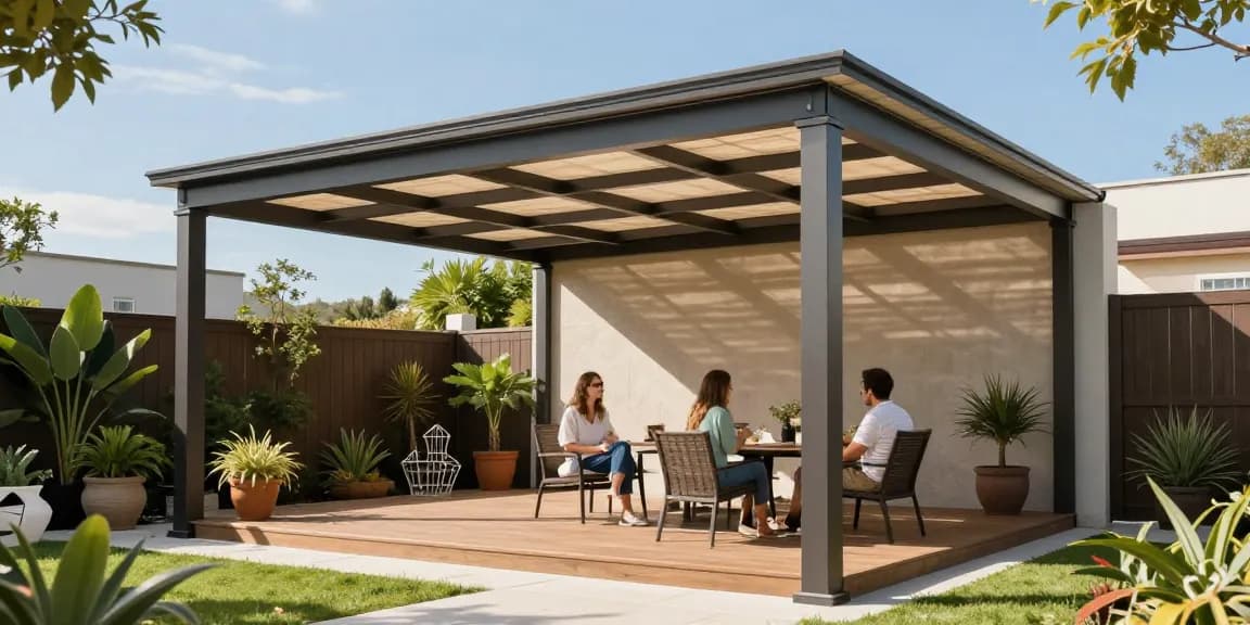 Freistehende Terrassenüberdachung in einem Garten, gemütliches Ambiente mit Paar unter dem Dach.