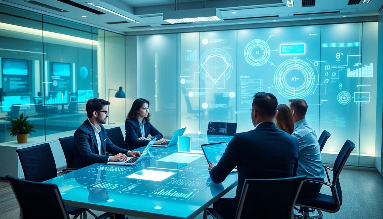 Innovative professionals discussing 18+ ai technology in a modern workspace.