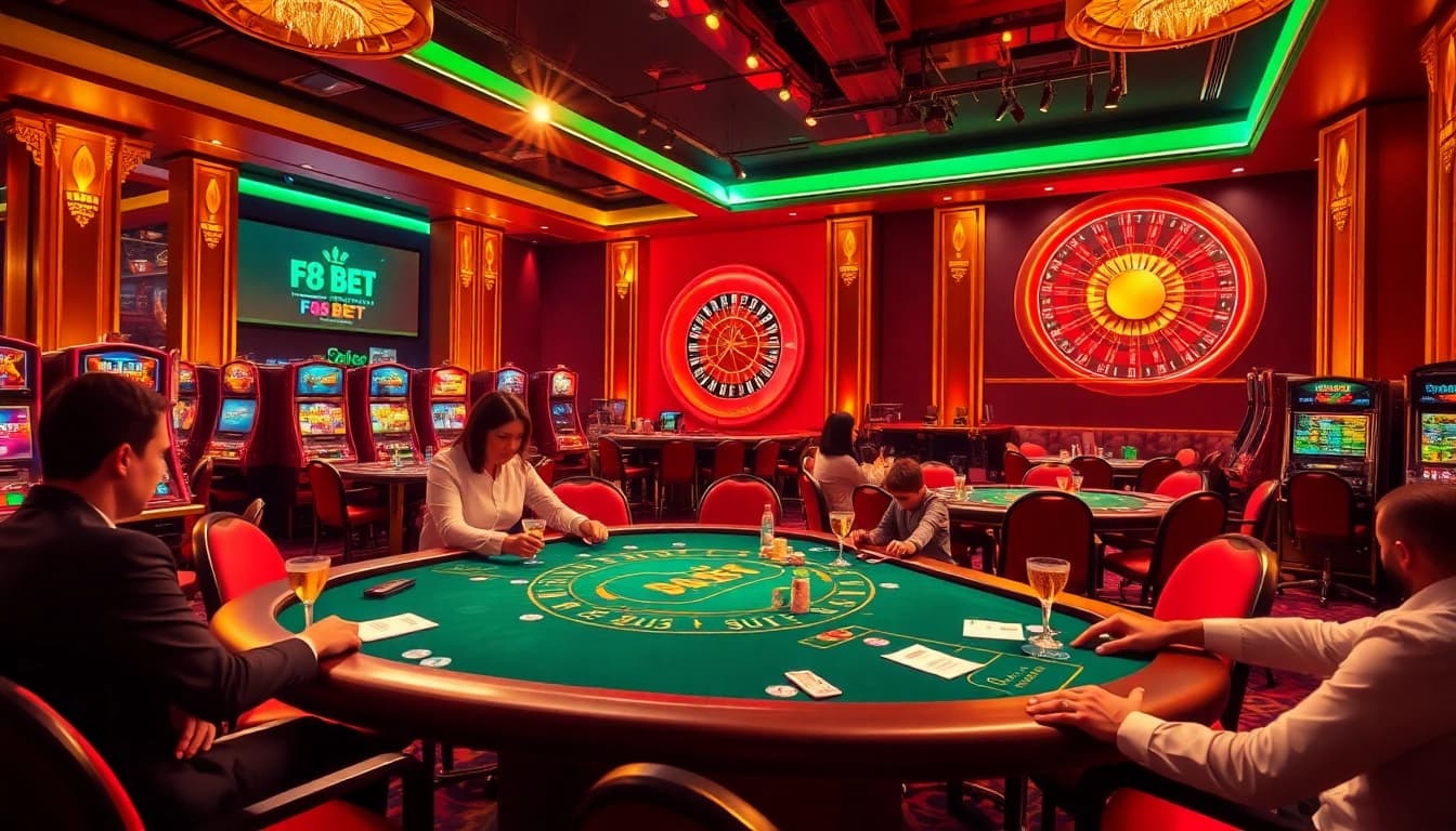Experience thrilling gameplay at F8 BET's luxurious casino, featuring poker tables and colorful slot machines.