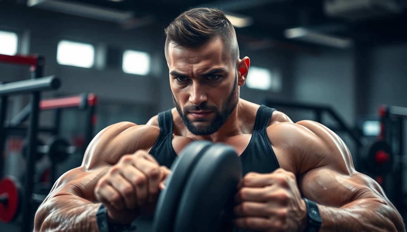 Maxibal Nandrolone Testosterone application by a dedicated athlete in a vibrant gym environment.