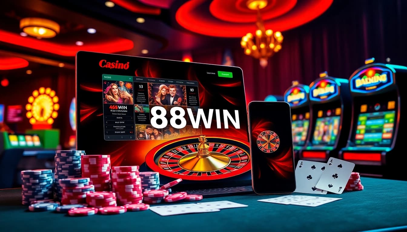 Players engaging in action at 68WIN casino tables with vibrant chips and cards.