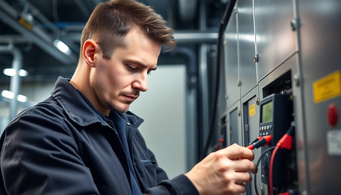 Technician conducting DGUV V3 Prüfung on electrical devices with professional equipment.