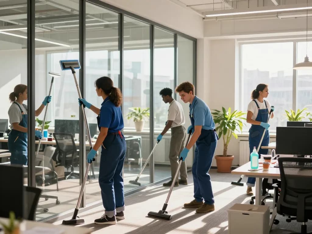 Professionelles Team bei der Gebäudereinigung in Münster, das tadellose Reinigungstechniken in einem modernen Büro präsentiert.