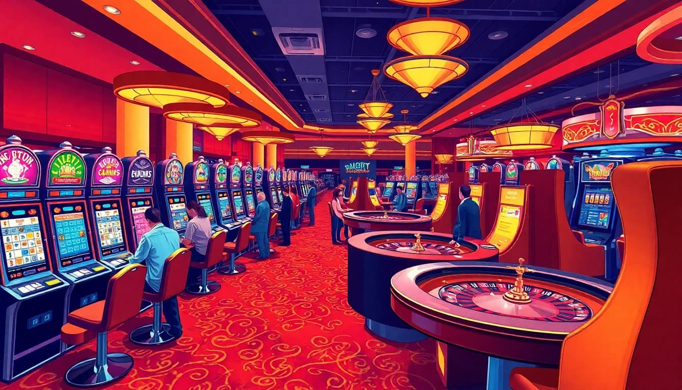 Pflegedienst in einem Casino mit Spielern an Spielautomaten und einem Roulettetisch.