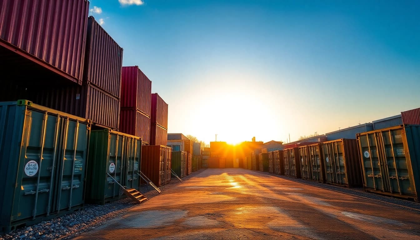 Schrottplatz Duisburg mit bunten Altmetallen und Recyclingcontainern in der Abenddämmerung
