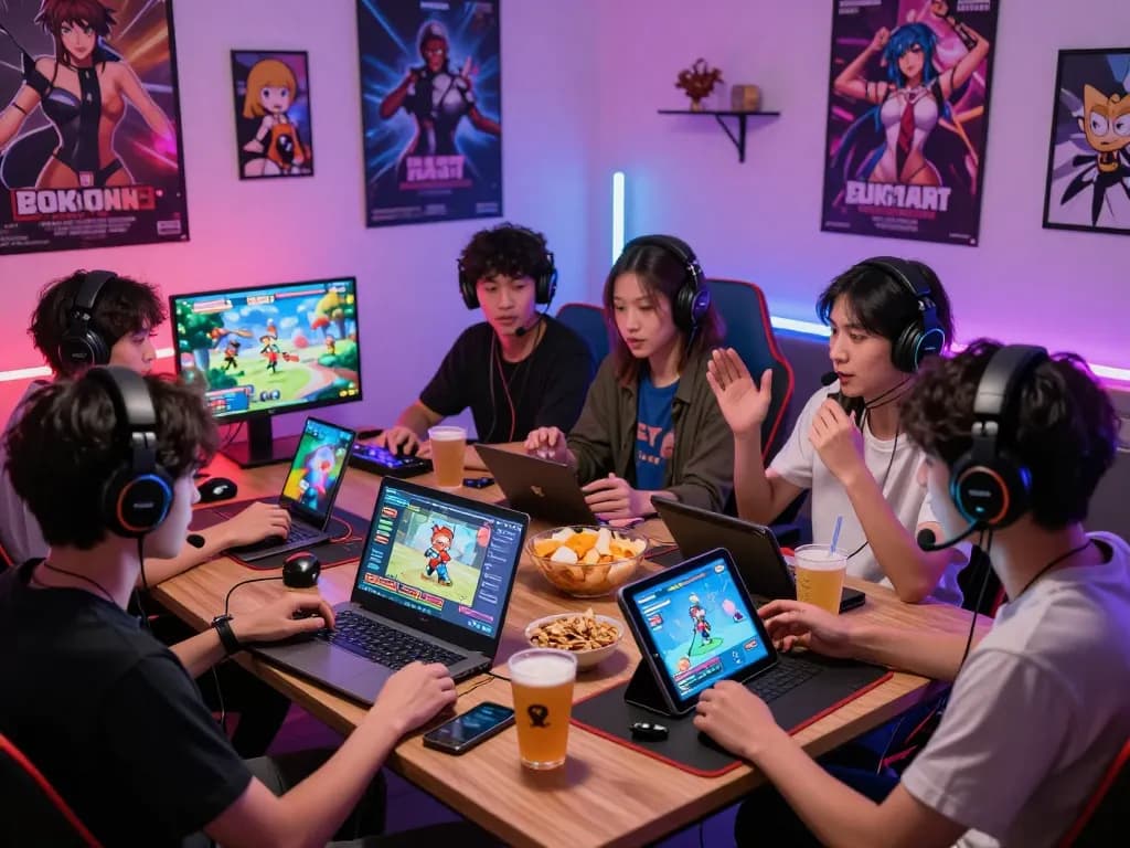 Engaging scene of players enjoying porn ganes on multiple devices in a lively gaming setup.