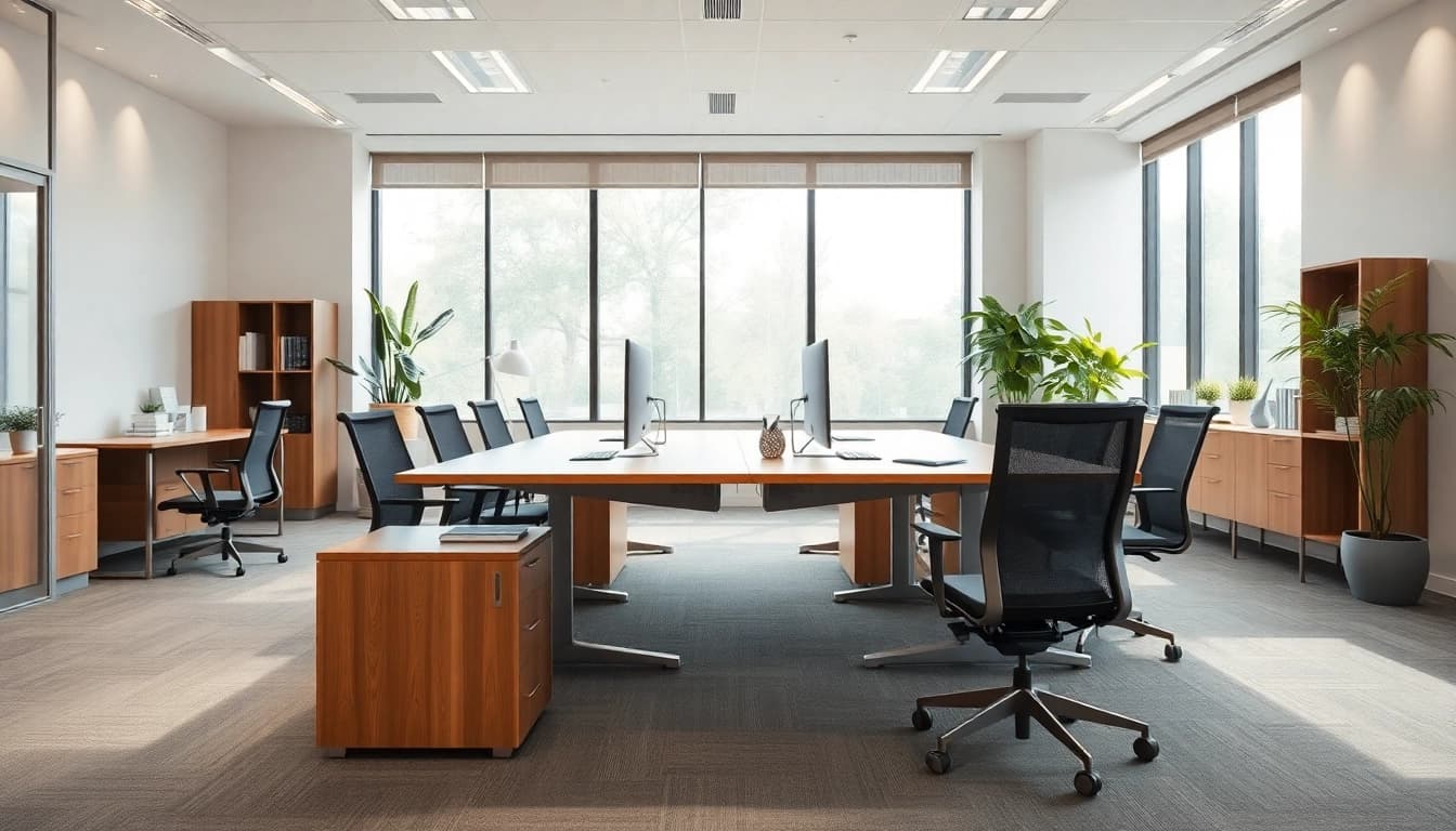 Moderne Büromöbel in einem eleganten, hellen Büro mit ergonomischen Stühlen und höhenverstellbaren Schreibtischen.