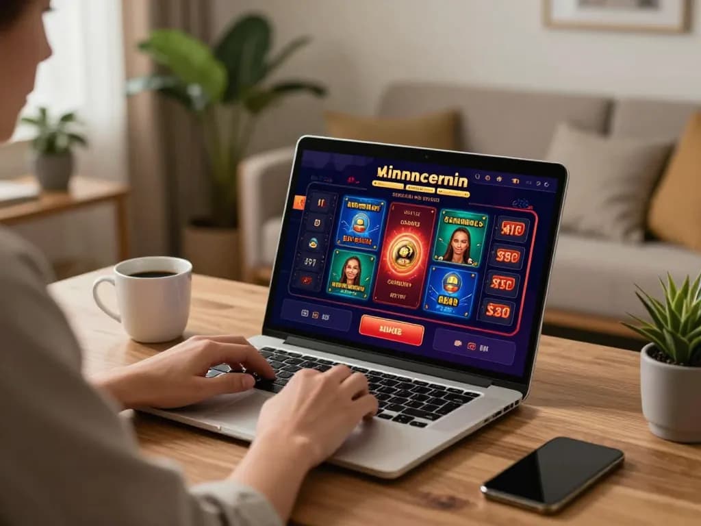 KJC user engaging in online casino gameplay with a sleek laptop in a stylish home office setting.