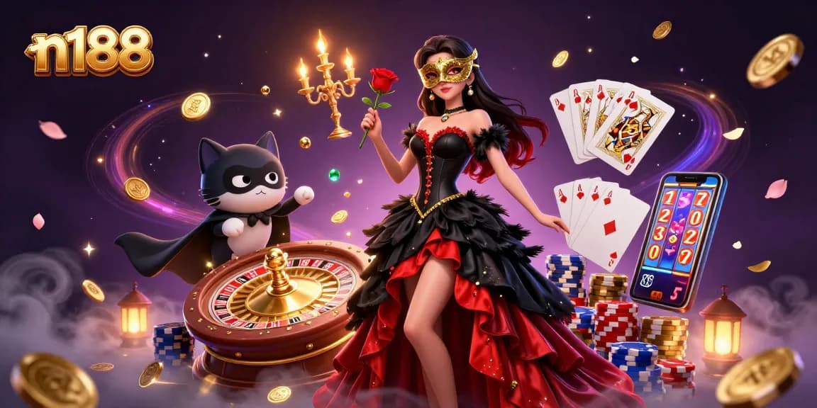 n188 offers thrilling online gambling experiences with vibrant scenes of gaming excitement and winning potential.