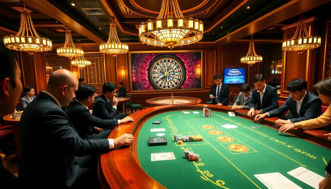 Action-packed casino scene displaying tỷ lệ nhà cái prominently on screens as players engage in betting.