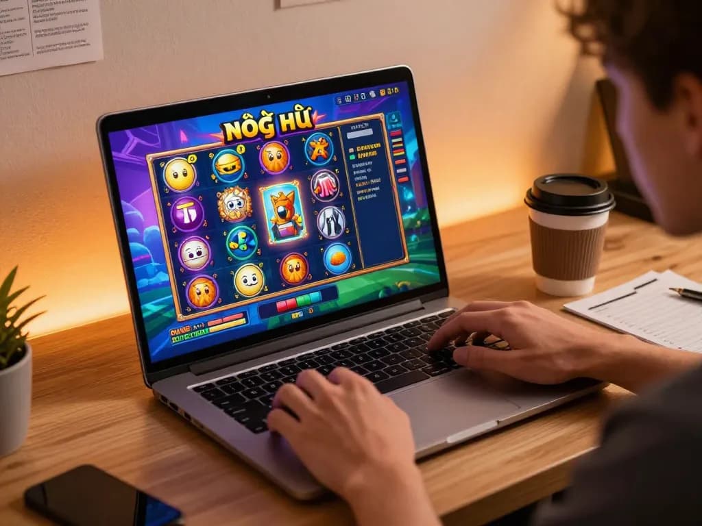 Player immerses in an exciting nổ hũ online gameplay experience from a cozy home setup while preparing strategies.