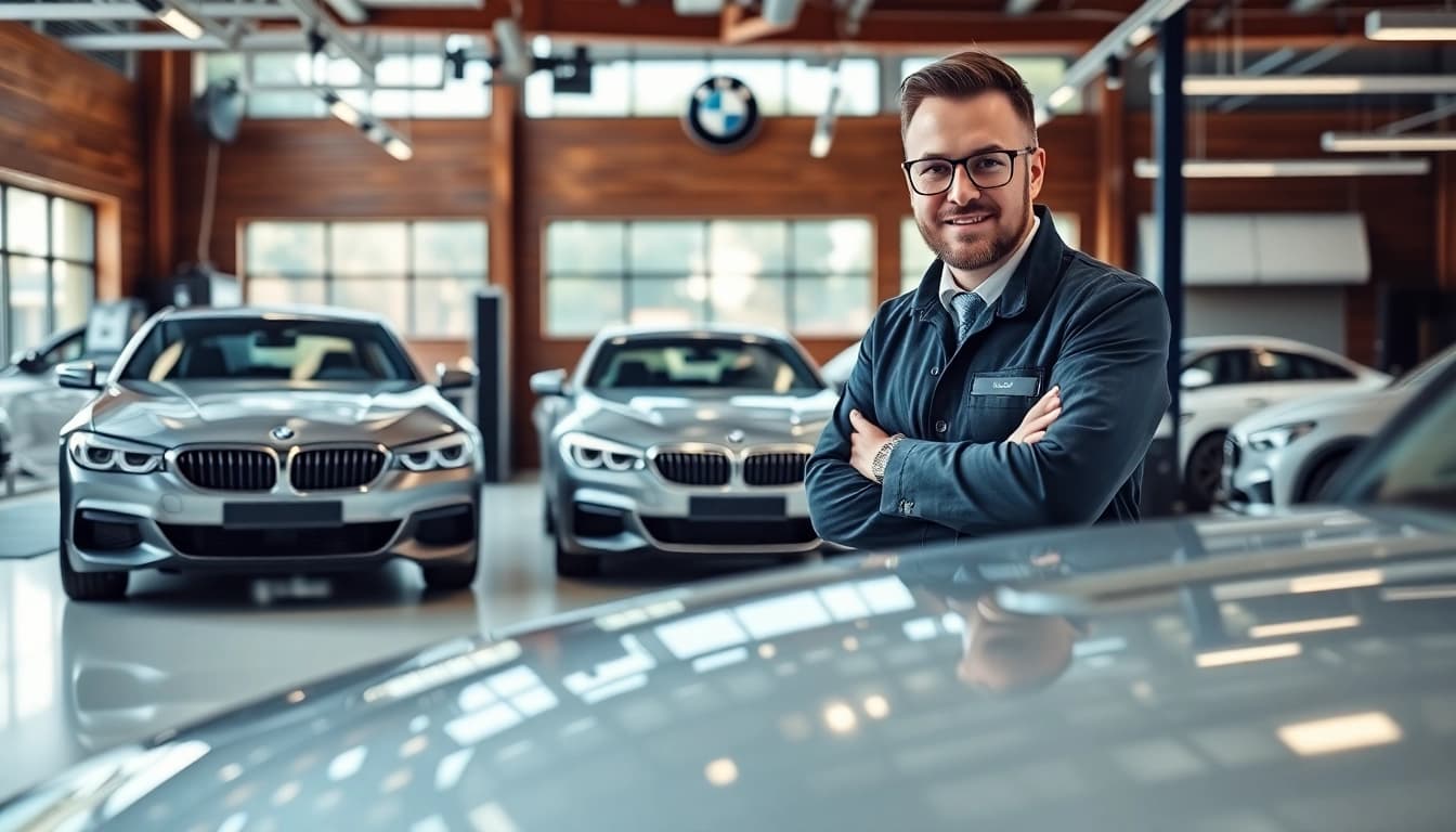 BMW Spezialist arbeitet in hochmodernem Autohaus mit glänzenden Fahrzeugen im Hintergrund.