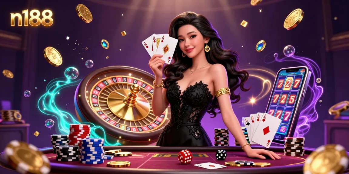 The stunning n188 casino scene showcases an elegant Asian woman holding ace cards in a luxurious environment.